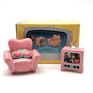 I Love Lucy Salt and Pepper Shakers Vintage Ceramic Pink TV Chair Set Boxed